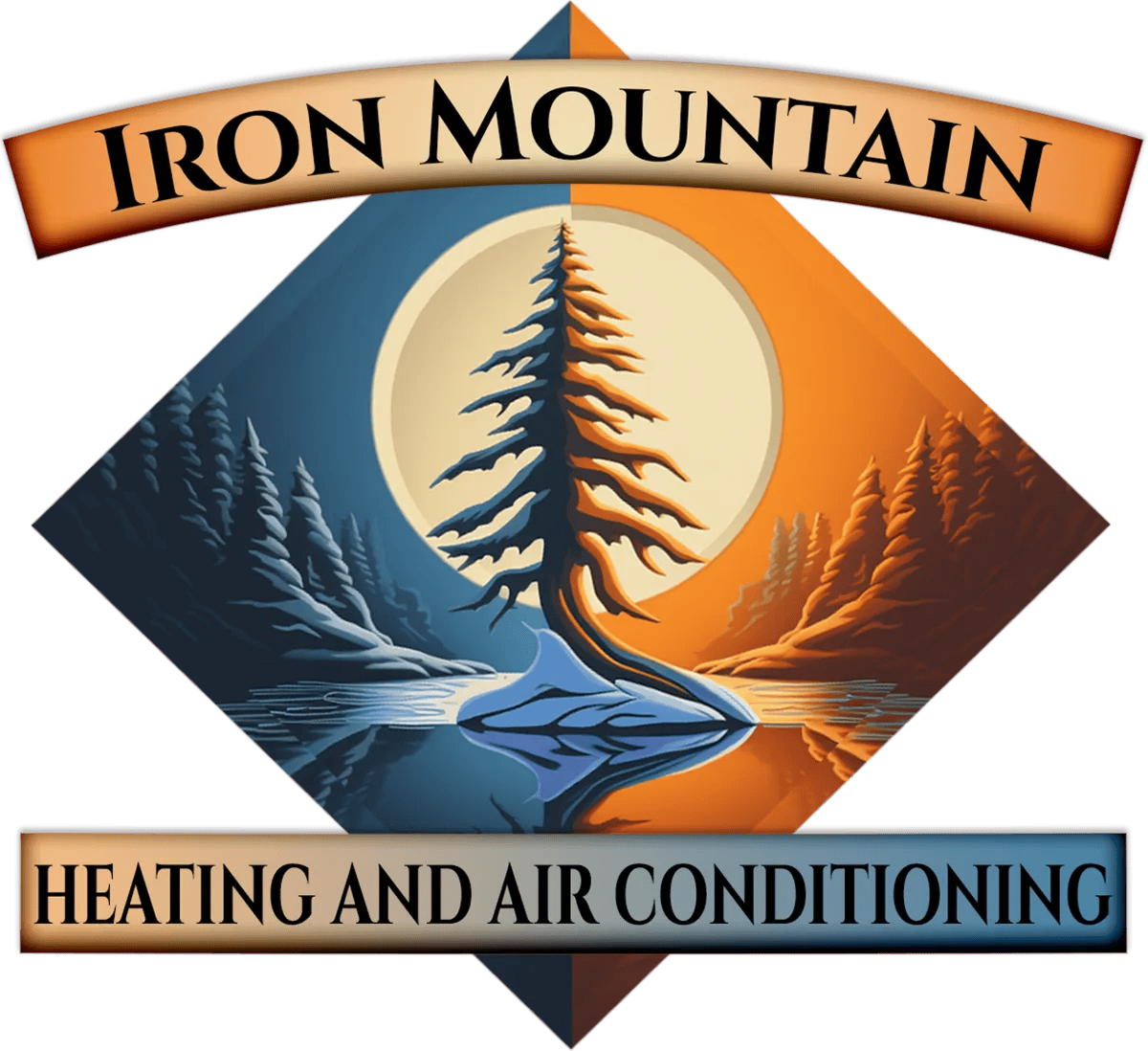 Logo for Iron Mountain Heating and Air Conditioning: a diamond-shaped image with a stylized tree against a blue/orange sunset, and the words 'IRON MOUNTAIN' above and 'HEATING AND AIR CONDITIONING' below.